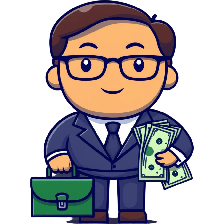 businessman in suit and glasses with an open briefcase full of dollar bills emoji