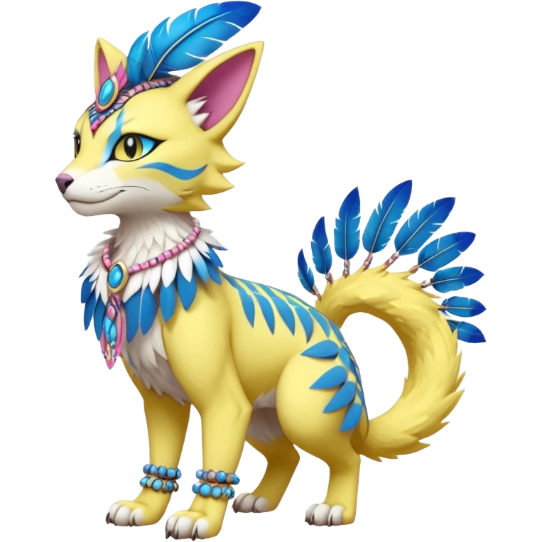 Kawaii cute yellow, blue, pink, exotic tribal beautiful pretty elegant divine edgy feline-vernid-sergal-Fakémon-Pokémon-Digimon-fursona-animal-creature with bracelet, necklace, full body, with intricate detailed markings, feather headdress  emoji