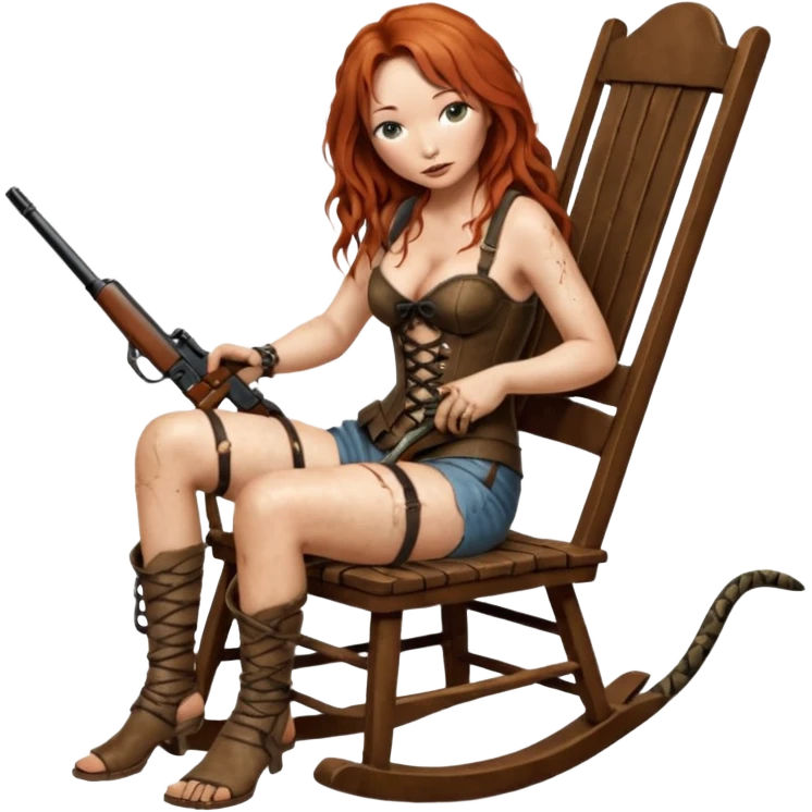 cinematic ultra HD Tori Amos casually crouches on a rocking chair in a torn corset, holding ashotgun and with muddy feet. a bronze snake wrapped itself around the chair emoji