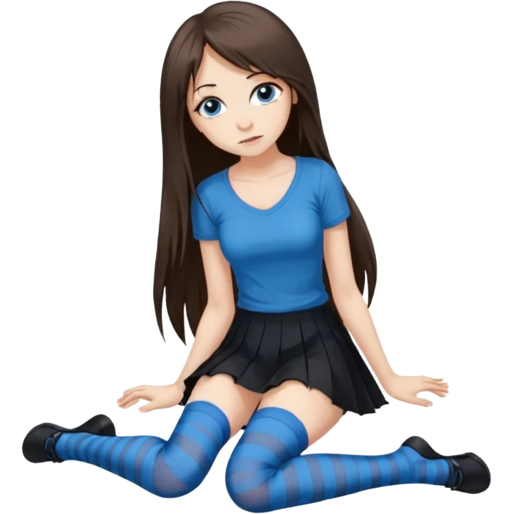 brunette buxom super long hair blue eyes full body Front view emo girl sits on the floor black skirt torn striped stockings emoji