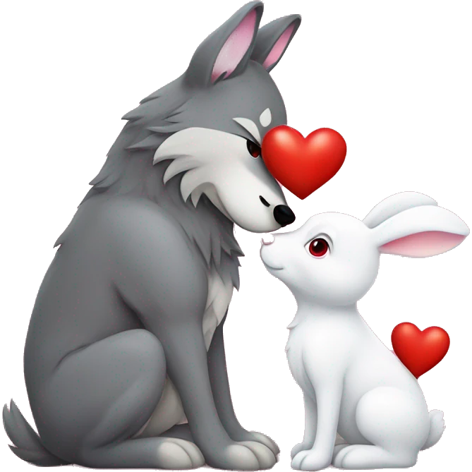 Old big Wolf kisses a white little Bunny who has pink ears, with big red heart between them emoji