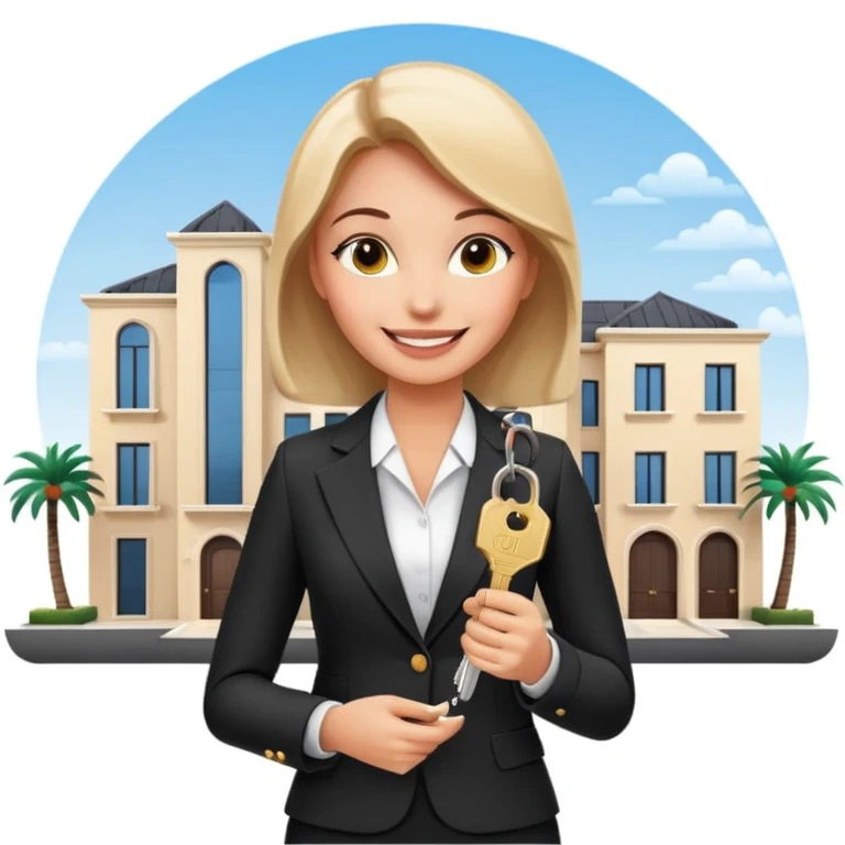 woman in an elegant suit, holding house keys, smiling, with a modern Dubai-style townhouse in the background emoji