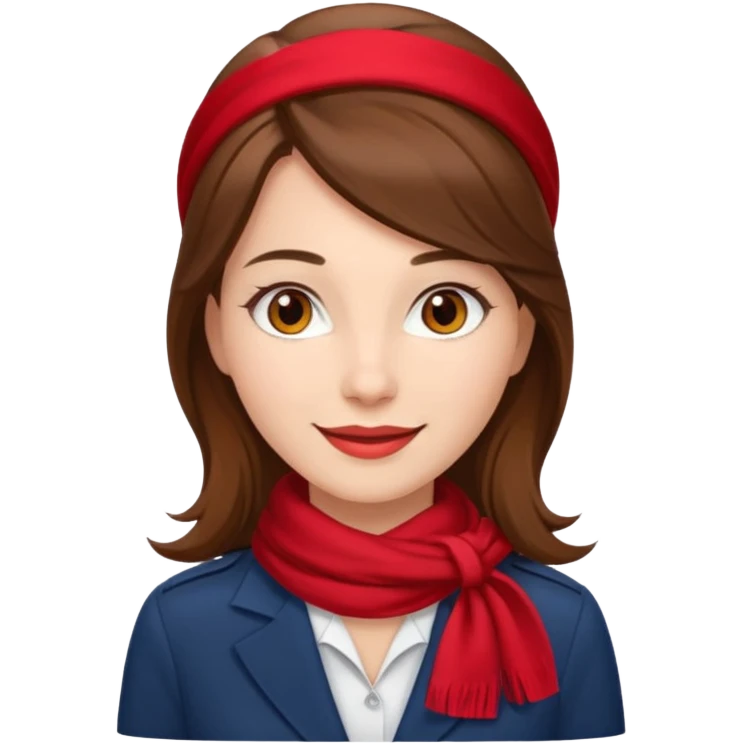 Female flight attendant, with red scarf, white shirt, long brown hair, brown eyes, iOS emoji-type face, fair skin,  emoji