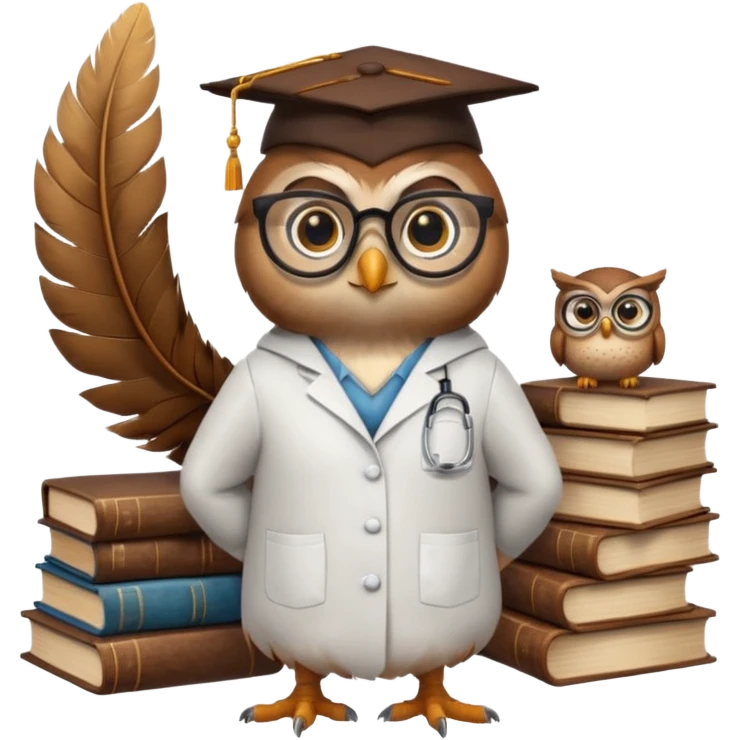 Wise bird with glasses, wearing a lab coat, perched on a stack of books. emoji
