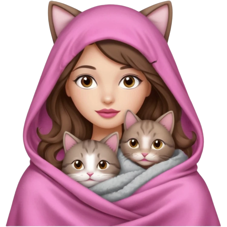 girl with long wavy brown hair, brown eyes, long lashes makeup, sexy pink lips, light to medium complexion, wearing a pink sexy silk top, big blanket over the head cozy holding a cat emoji