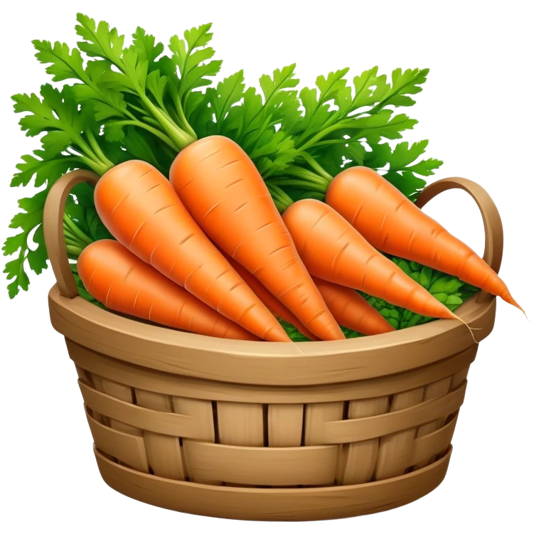 Cinematic vibrant orange carrot, crisp and fresh, slightly twisted with green leafy tops, arranged in a rustic wooden basket, natural and inviting. emoji