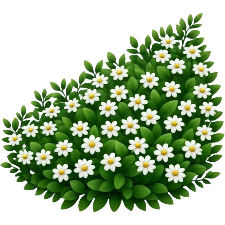 A dense bush with dark leaves and a curved organic shape with small white flower emoji