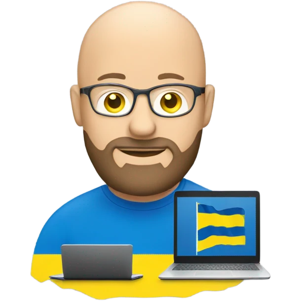 bald man with a beard and laptop, make a ukrainian flag on a laptop logo emoji