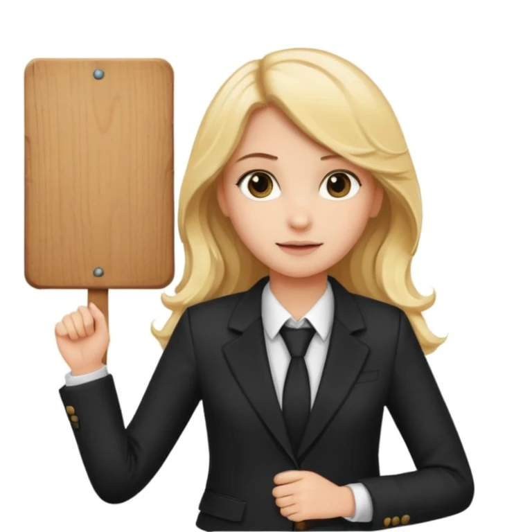 Blonde long wavy hair girl with black office blazer holding a wooden board with a sign 10/10 emoji
