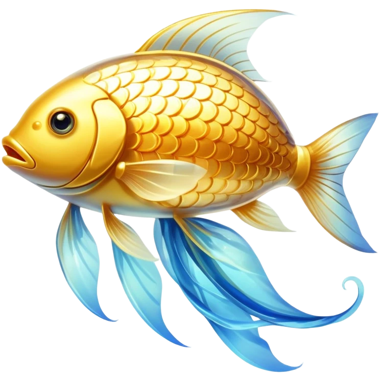 Ethereal golden fish with translucent glowing scales transforming into or carrying a shining golden omega-3 capsule. The fish appears magical and flowing, with streams of light connecting it to the capsule. Both elements emit a soft radiant glow in a dreamy atmosphere with subtle blue undertones. emoji