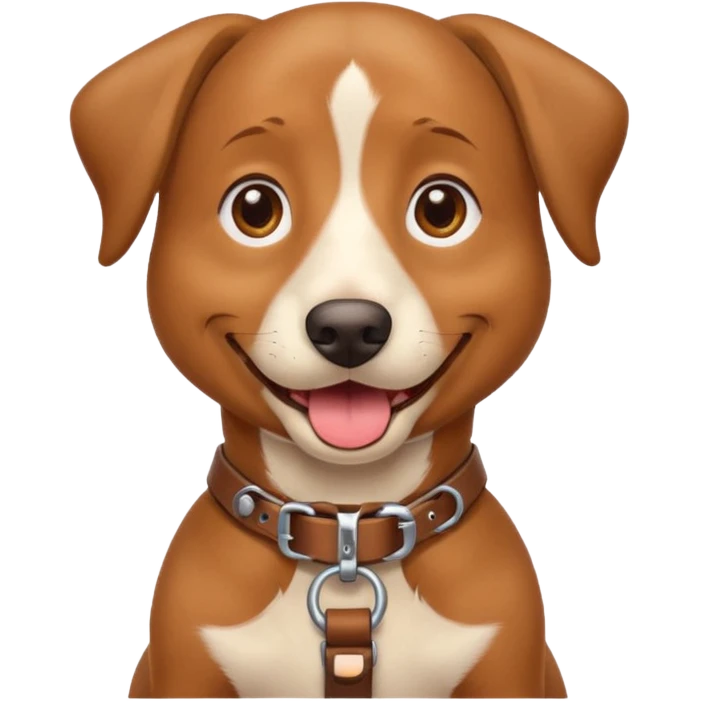 A friendly brown dog sitting upright with its tongue out and ears relaxed. The dog wears a tan harness and collar, giving a trained, service-dog look. Its expression is happy and attentive, with bright eyes and a slightly open mouth. emoji