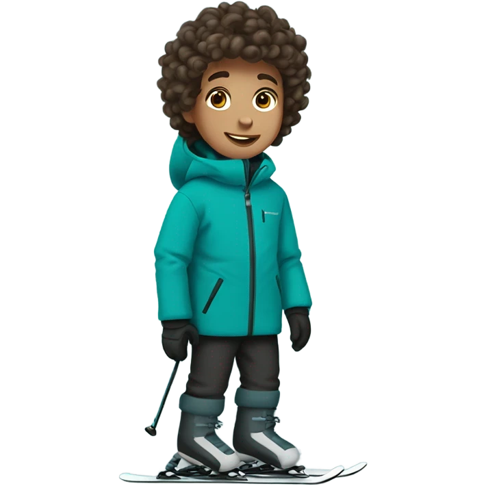 Boy with curly brown hair. Skiing on teal skis. Wearing black snow pants and a gray snow coat emoji