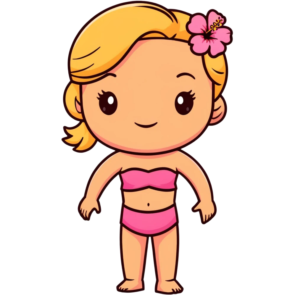 tan girl with dark brown hair and blonde highlights with a hibiscus flower in her hair wearing a pink tube top with tan lines showing emoji