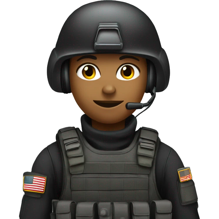 Military operator dressed in black with a helmet, without glasses, wearing a headset, ready to respond to alerts, preferably female, no country badge emoji