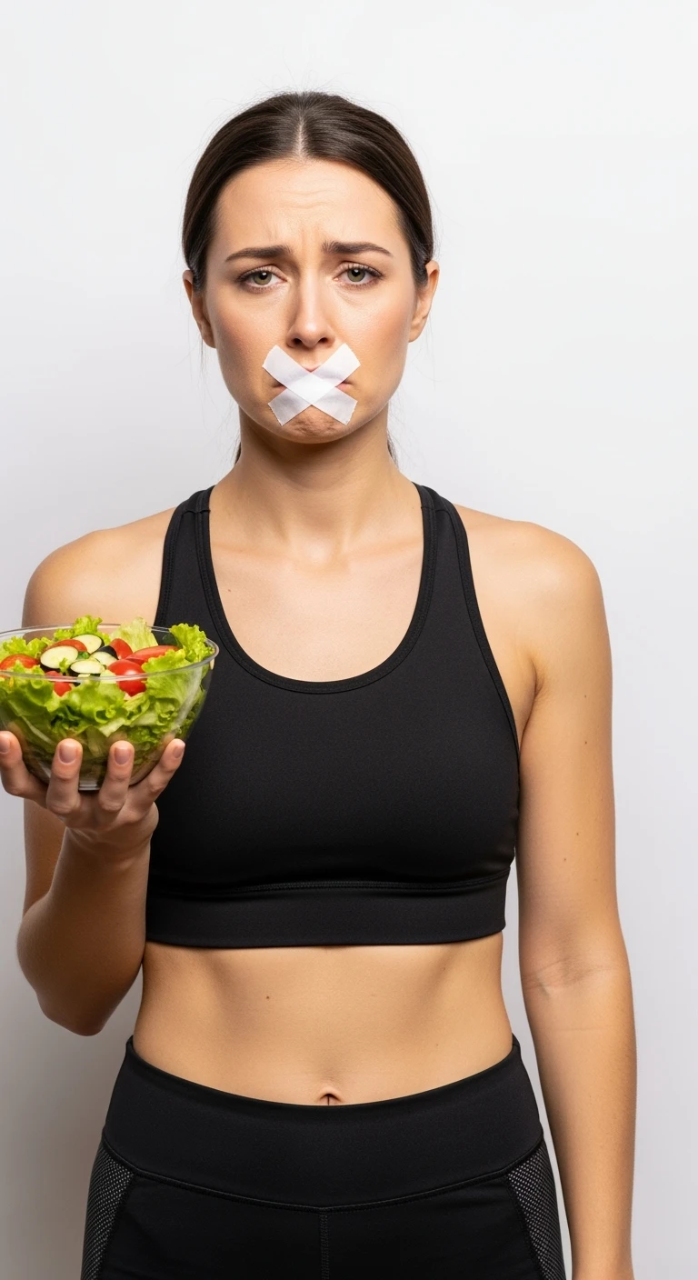 donna fitness con insalata in mano ed espressione molto triste e stanca, scotch a croce sulla bocca, sfondo bianco emoji