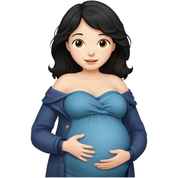 pregnant woman with wavy black hair happily touching her big belly while wearing warm clothes and a thin coat slightly drop of her shoulder emoji