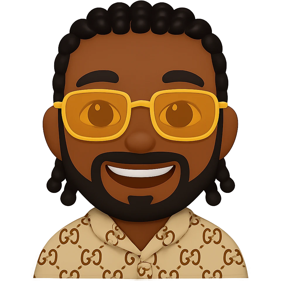 Create an emoji style smiley with a younger face, dark skin, small black braids, beard and mustache, rectangular golden sunglasses, wearing a beige top with GG pattern and visible collar, on a transparent background. The style should resemble emoji style. emoji