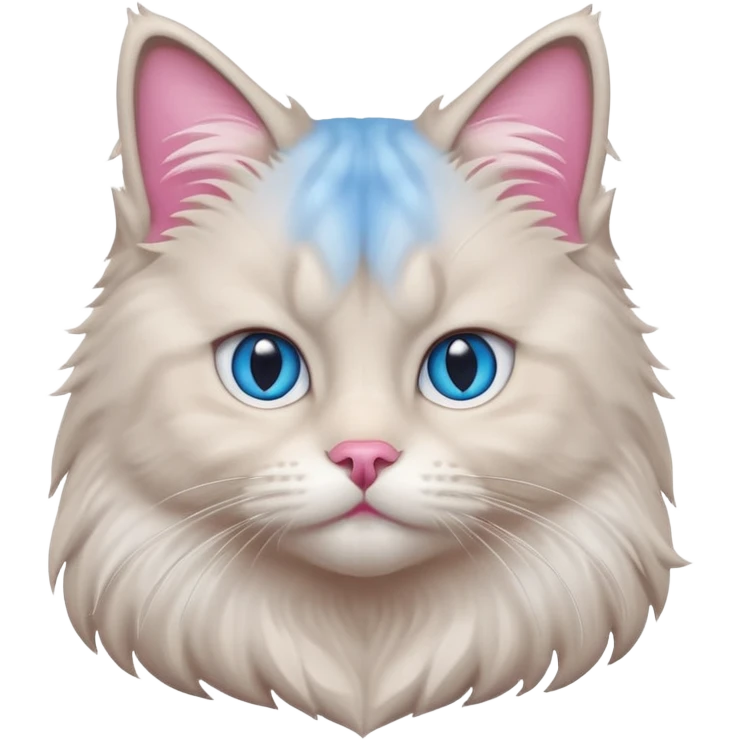 Fluffy Siberian cat face emoji, white and grey long hair, bright blue eyes, pink nose, friendly expression, 3D vector style, isolated on white background. emoji