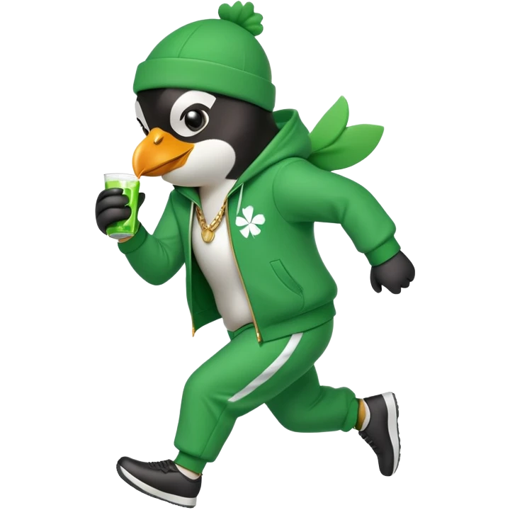 full body friendly anthropomorphised penguin wearing green mafia-style tracksuit, angry, running aggressively, shamrock accessory, no drink emoji