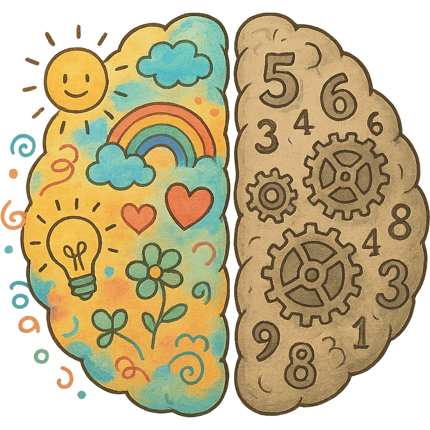 ghibli style split brain, left side with doodles and paint, right side with gears and numbers emoji