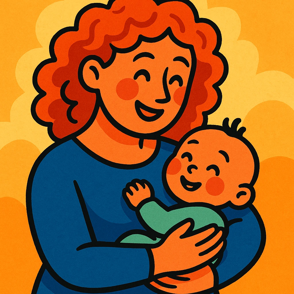 woman with curly red hair holding a baby, warm friendly style emoji