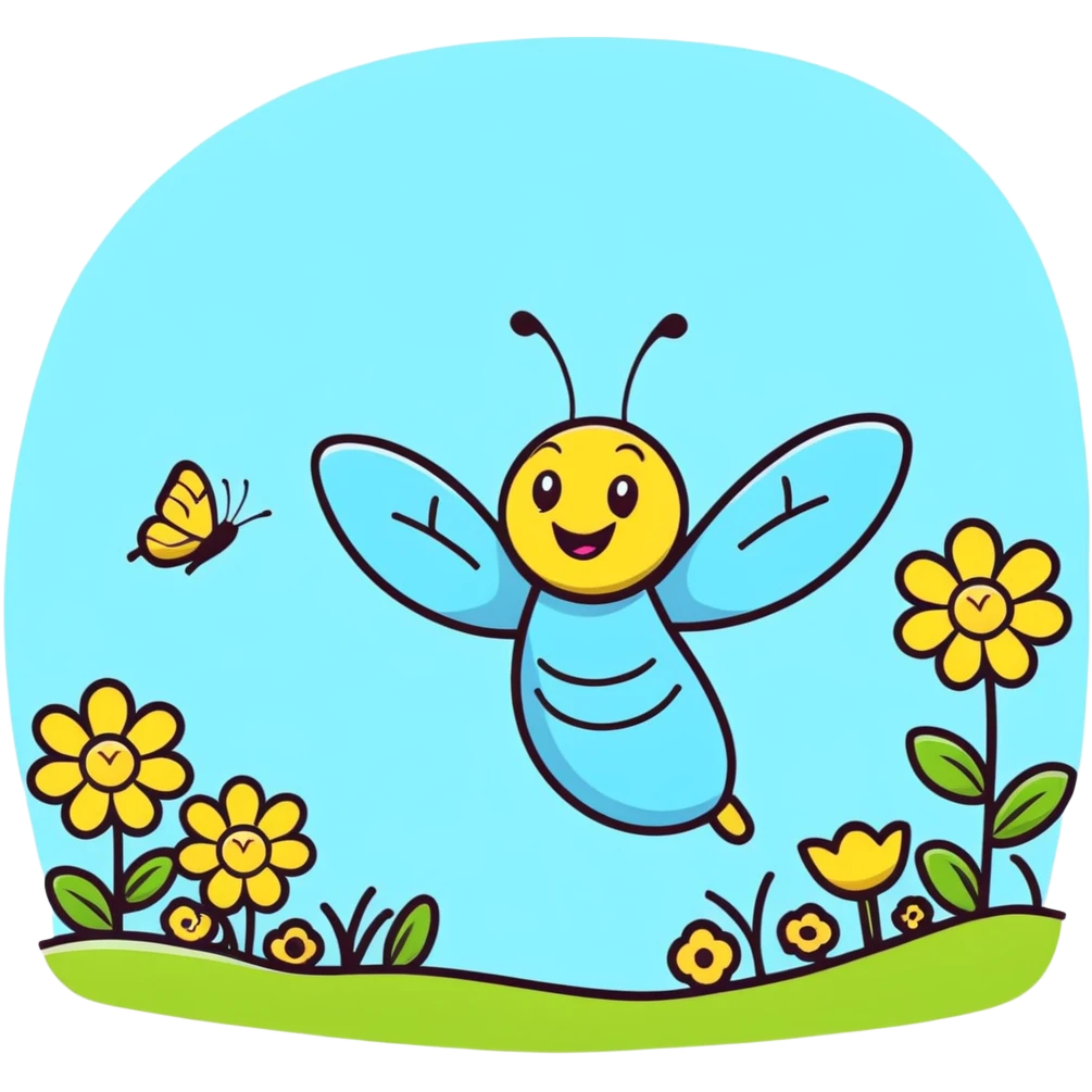 Happy blue butterfly with a big smile flying in a spring meadow with blooming flowers emoji