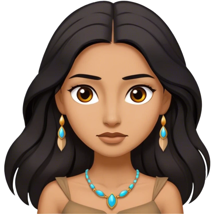 Cinematic Stunning Pocahontas Portrait Emoji, Windswept raven hair flowing behind her, deep brown eyes filled with wisdom and strength, glowing sun-kissed skin, wearing her elegant tan dress, the spirit of the wild in her expression, breathtakingly majestic! emoji