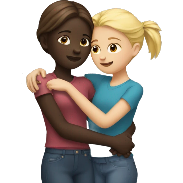 A girl with dark skin and dark red hair hugs a girl with blond hair emoji