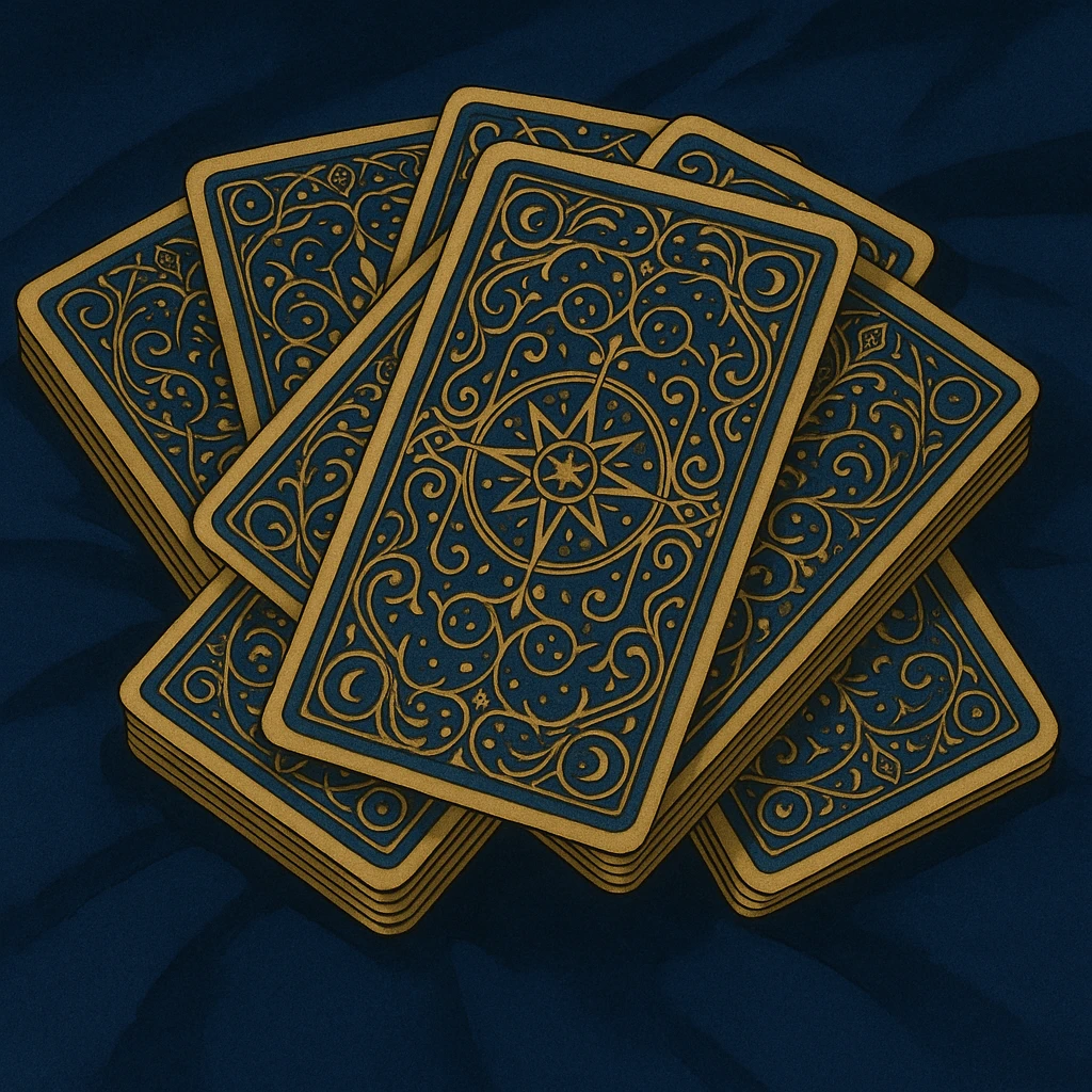 tarot card deck with ornate, intricate backs, gold and deep blue color palette, cards fanned out, mystical and elegant emoji
