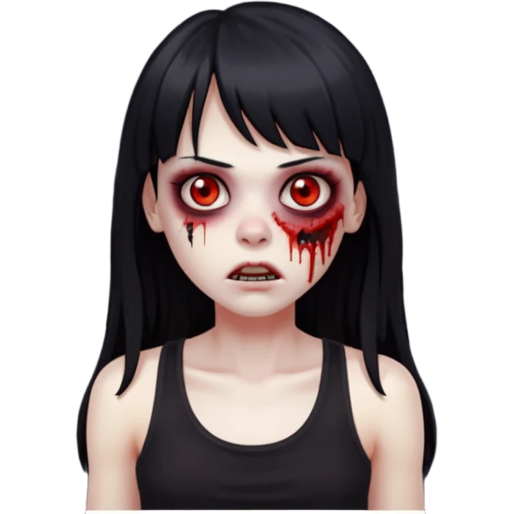Zombie emoji with long black hair and bangs, big red eyes, small nose, and a simple black tank top. emoji