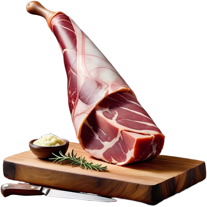 _cinematic-realistic-spanish-ham-leg,-depicted-as-a-massive,-cured-leg-of-jamón-serrano-(ham)-with-a-deep-reddish-brown-hue on the outside,-intricately-marbled-and-slightly-glossy-with-age,-elegantly-displayed-on-a-rustic-wooden-stand-and-bathed-in-warm - jamon prosciutto emoji