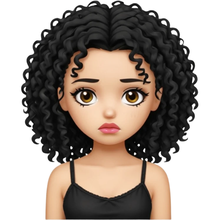 generate a pretty fair bratz girl with black messy curly hair looking sad . Wearing a black cami emoji