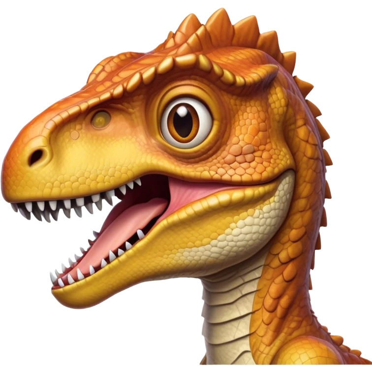 Cinematic Realistic Cute velociraptor/T-rex Portrait Emoji, Head tilted playfully and inquisitively, featuring a compact, slightly rounded build with intricately detailed, textured scales in natural hues and a surprisingly endearing face with bright, curious eyes, rendered with lifelike clarity and warm natural light, high shine, affectionate and quirky, styled with a touch of prehistoric whimsy, soft glowing outline, capturing the essence of a mischievous yet lovable velociraptor/T-rex that seems poised to stomp playfully into your arms! emoji