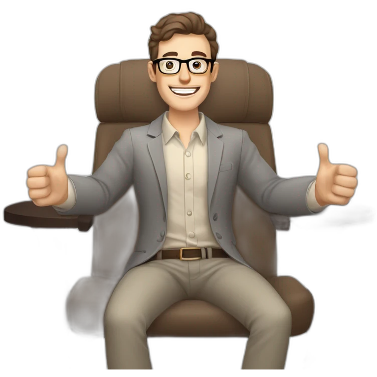 Joyful Celebrating victory Hands up Pale skinned Fit Man With dark brown hair in gray jacket, beige office shirt, Brown pants and vintage glasses sitting In a soft chair emoji