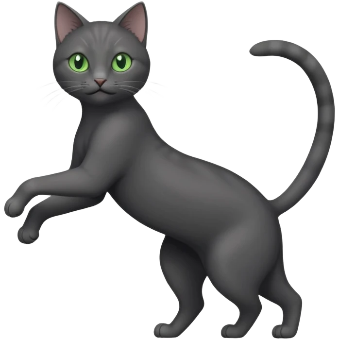 full body gorgeous solid dark grey cat with green eyes, white paws and white whiskers stretching like a cat emoji