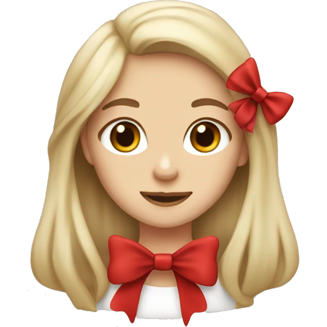 Ash blonde girl with long hair and brown eyes with a yorkshire dog which has a red bow on head emoji