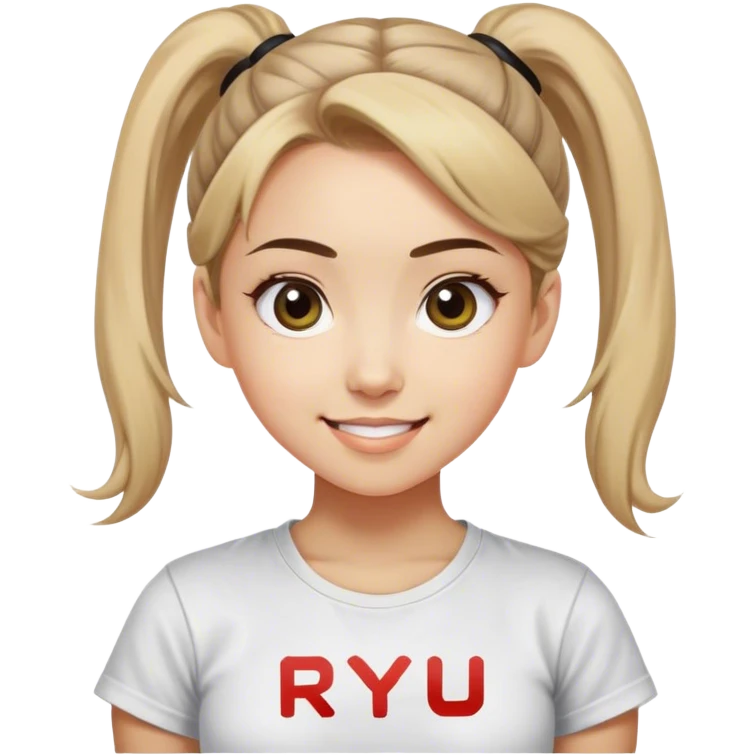 Beautiful girl happy smilling with big eyes, ponytail and "ryu" written on tshirt emoji