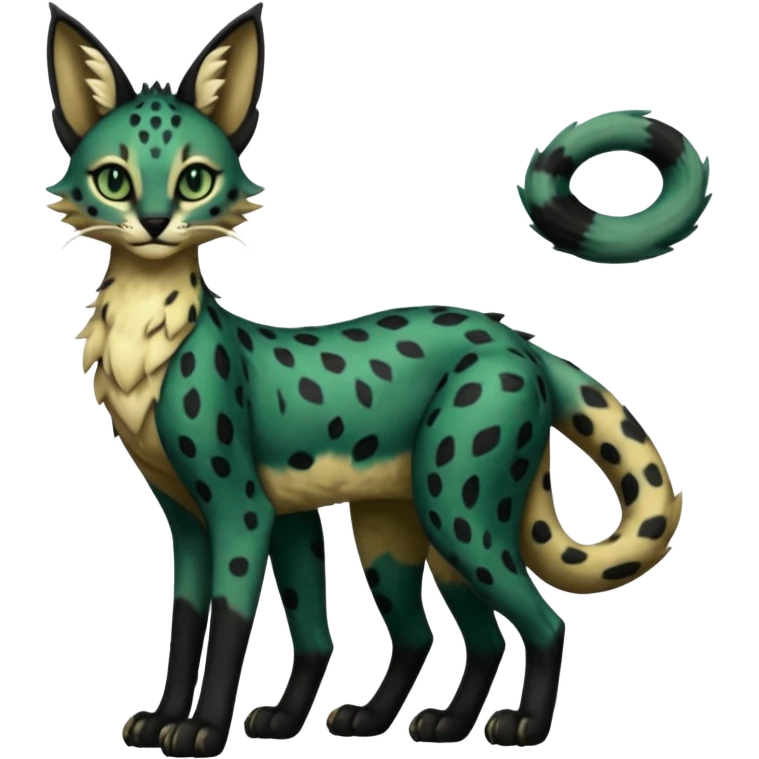 Epic complex detailed dark dusky gloomy deep gothic dark-deep-green, black, realistic Fakémon-Sprigatito-Floragato-Meowscarada-Trico-Sergal-Serval-Vernid-creature (full body) emoji