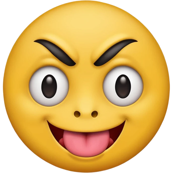 A yellow round face emoji smirking with its tounge out but the eyes are evil and kind of crazy and only one of the eyebrows is raised higher than the other eyebrow emoji