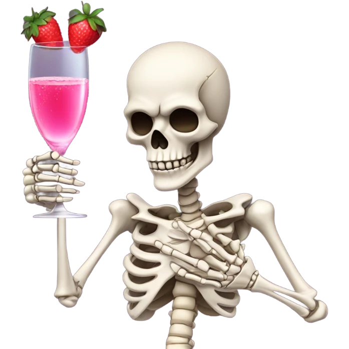 Skeleton sipping pink champagne with strawberries  emoji