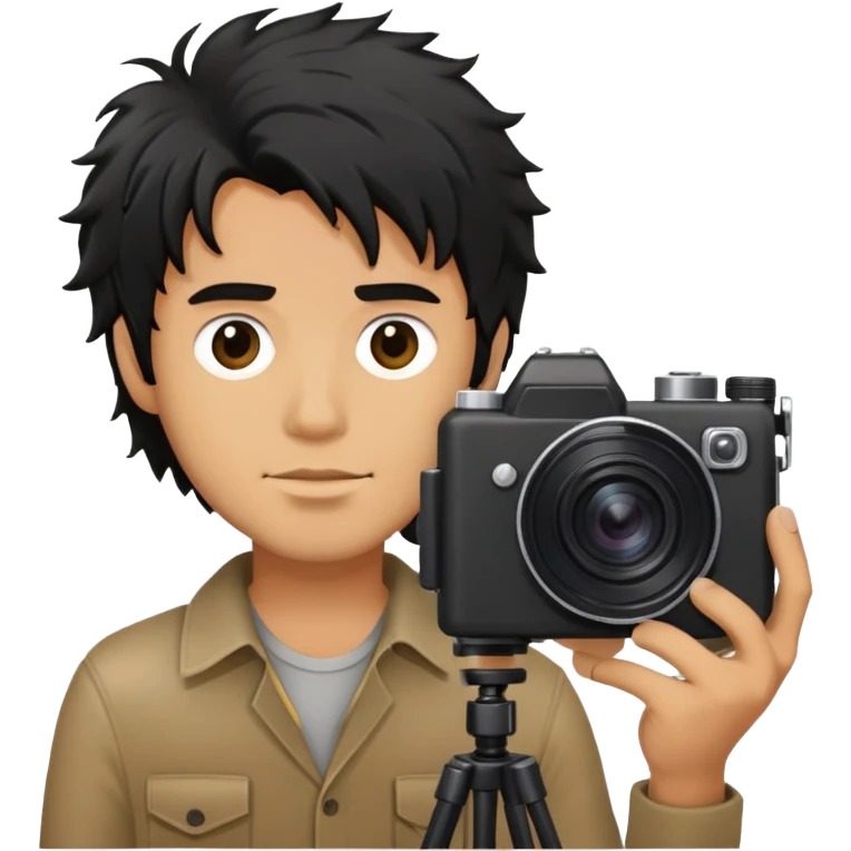 a man with black messy hair with a camera emoji