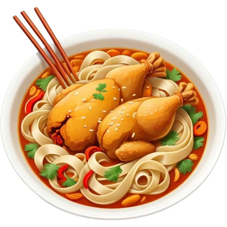 Xinjiang Big Plate Chicken with wide noodles in large dish, simplified emoji style with bold outlines and bright colors, cartoon style spicy chicken stew emoji