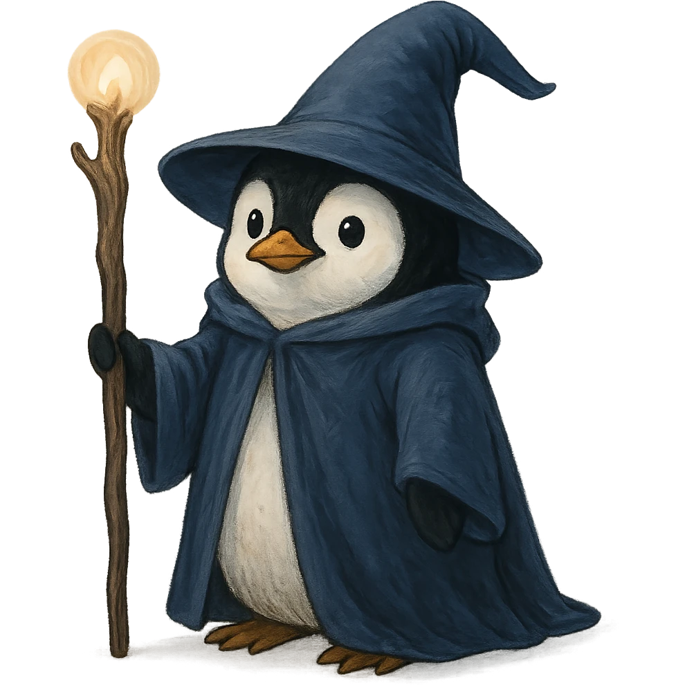 penguin wizard holding a staff wearing a pointed hat emoji