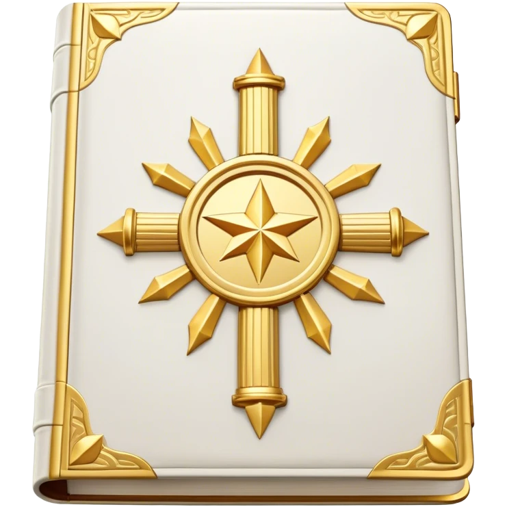 A white leather book with golden accents, smooth and polished, embossed with a symbol of six pillars, or a glowing mirror, radiating strength, confidence, and the power of self-worth.  emoji