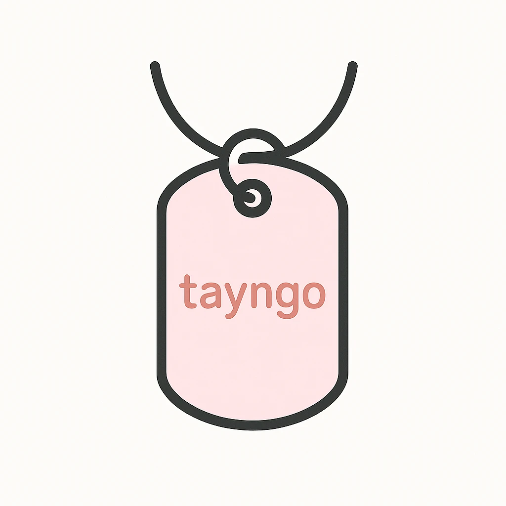 light pink dogtag with the word 'tayngo', simple, clear, modern style emoji