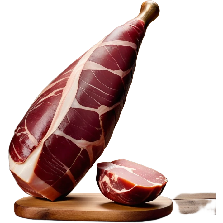 _cinematic-realistic-spanish-ham-leg,-depicted-as-a-massive,-cured-leg-of-jamón-serrano-(ham)-with-a-deep-reddish-brown-hue on the outside,-intricately-marbled-and-slightly-glossy-with-age,-elegantly-displayed-on-a-rustic-wooden-stand-and-bathed-in-warm - jamon prosciutto emoji