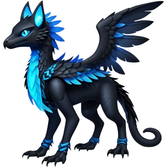 Black Dark Exotic Beaked Feathery Nocturnal Neon-glowing Abyssal Nightly Abyss-Cat-Gryphon-Salandit-Nargacuga-Silvally-Fakémon Creature (full body) emoji