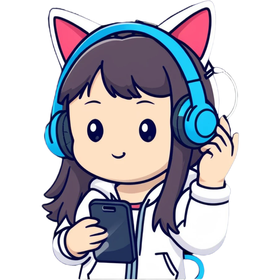 Super kawaii Japanese girl with long hair wearing cat ear headphones and holding a mobile phone emoji
