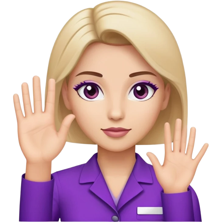 A woman raising her hand, wearing a purple beauty salon work uniform with a professional appearance emoji