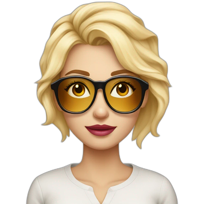 Mujer rubia con el liso pero con volumen y con gafas de oro rosa y ojos miel maquillados. Lleva una camisa moderna emoji
